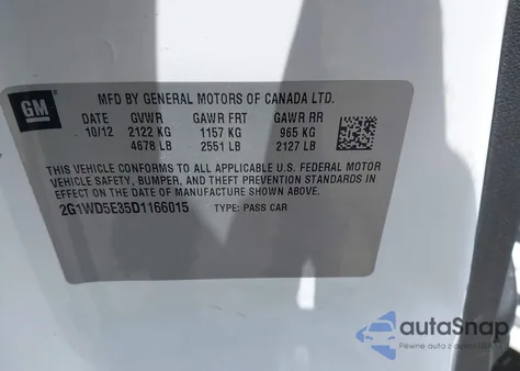 2013 Chevrolet Impala Police из США, поврежденный, VIN 2G1WD5E35D1166015